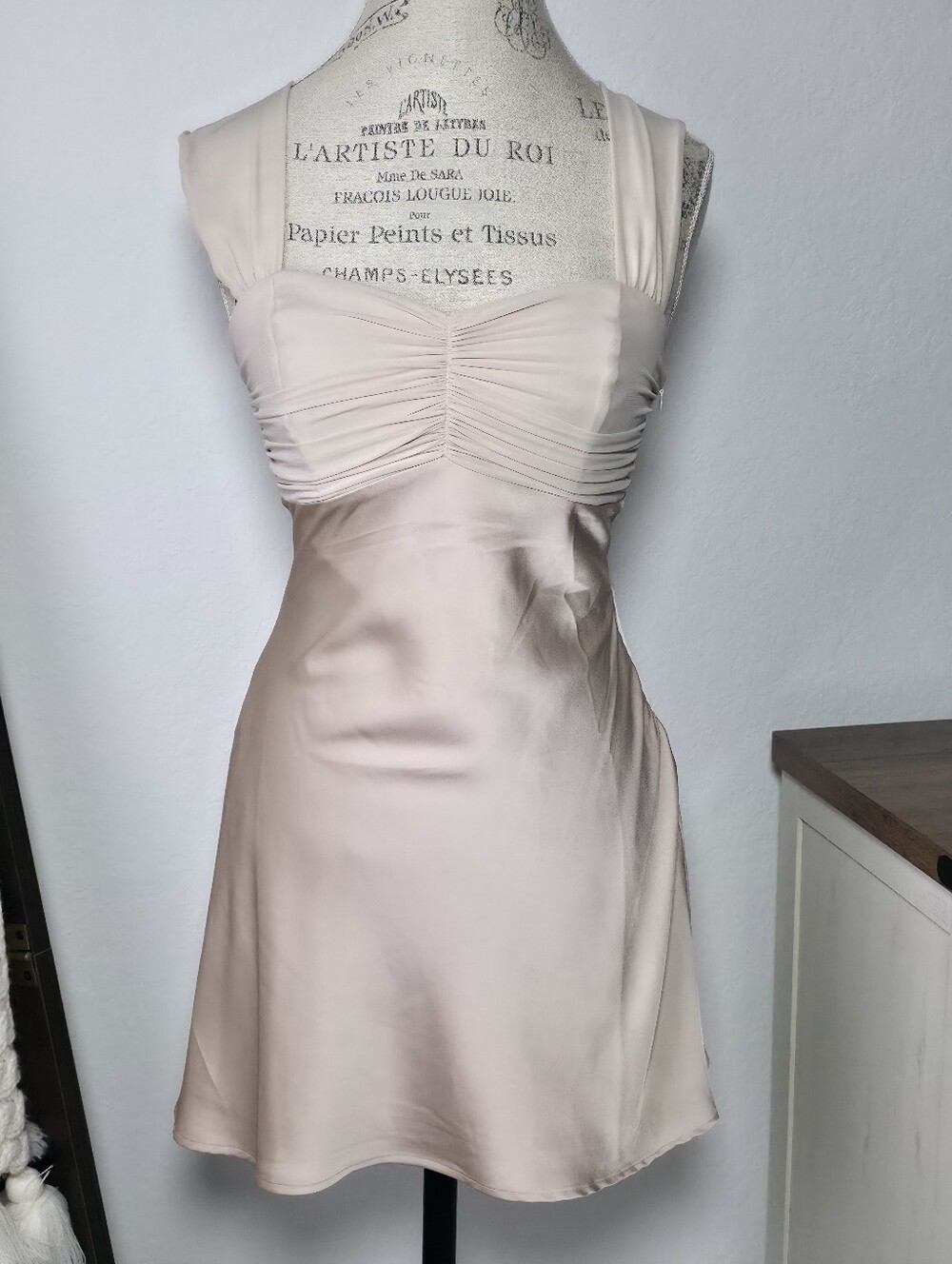 Le Lis Ivory/Champagne Satin Mini Dress, Small, Sweetheart Neckline, Slip Mini